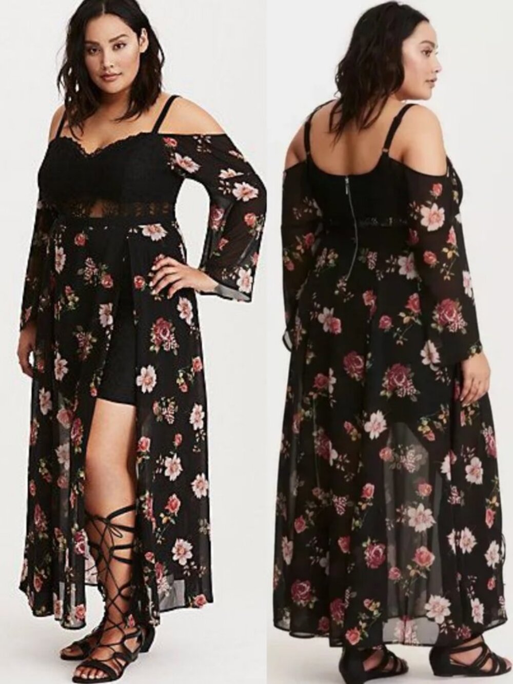 Torrid Insider Floral Print Cold Shoulder Lace Bustier Maxi Dress 16